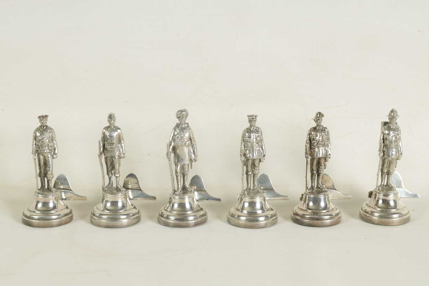 A LARGE AND RARE CASED COMPLETE SET OF SIX SILVER 'SOLDIERS OF THE EMPIRE' FIGURAL MENU HOLDERS - Image 4 of 12