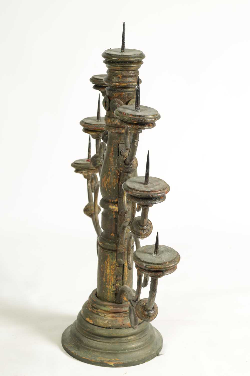 AN IMPRESSIVE 19TH CENTURY SCANDINAVIAN PAINTED PINE AND IRONWORK CANDELABRA - Image 7 of 9