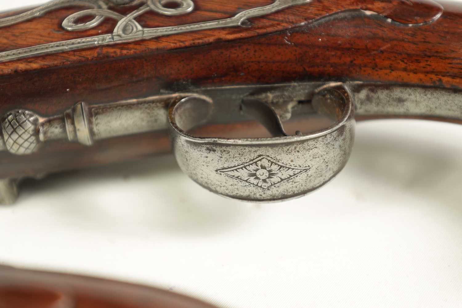 A PAIR OF 18TH CENTURY SILVER-MOUNTED ENGLISH FLINTLOCK PISTOLS BY BARBAR, LONDON. - Image 11 of 17