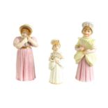 TOWN GIRL AND COUNTRY GIRL. THREE ROYAL WORCESTER CANDLE EXTINGUISHERS