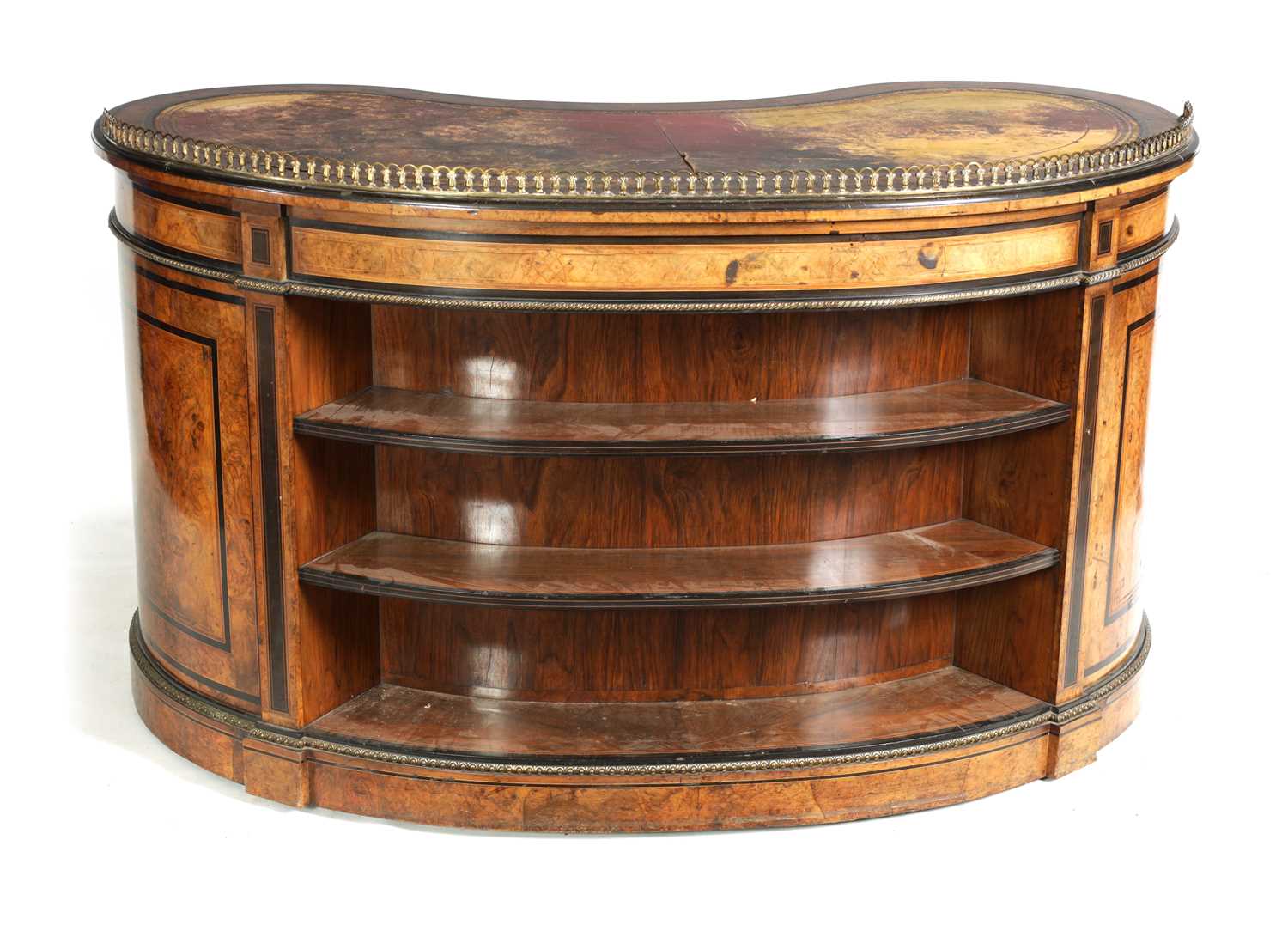 A FINE LATE 19TH CENTURY WALNUT AND EBONISED STRING INLAID KIDNEY SHAPED LIBRARY DESK WITH FITTED RE - Image 2 of 13