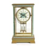 A LATE 19TH CENTURY FRENCH BRASS AND CHAMPLEVE ENAMEL FOUR-GLASS MANTEL CLOCK