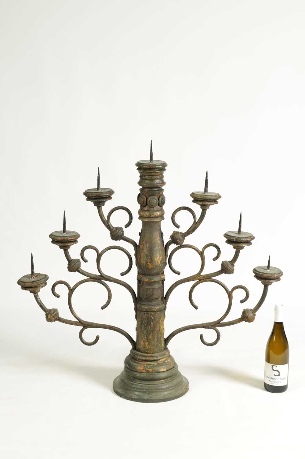 AN IMPRESSIVE 19TH CENTURY SCANDINAVIAN PAINTED PINE AND IRONWORK CANDELABRA - Image 2 of 9