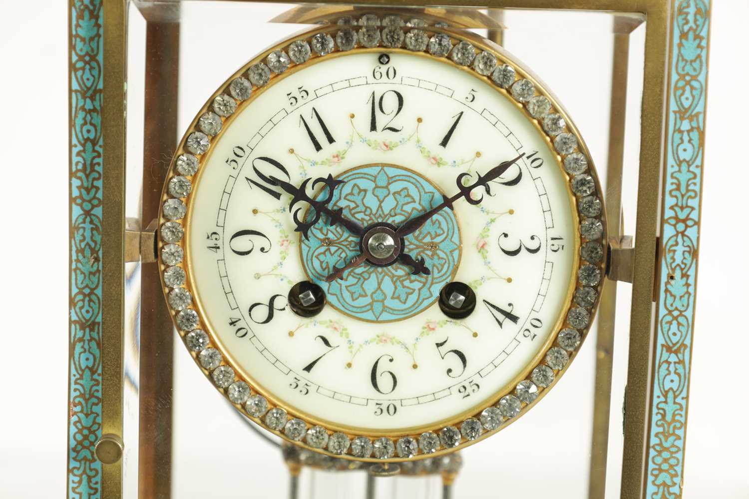 A LATE 19TH CENTURY FRENCH BRASS AND CHAMPLEVE ENAMEL FOUR-GLASS MANTEL CLOCK - Image 2 of 10