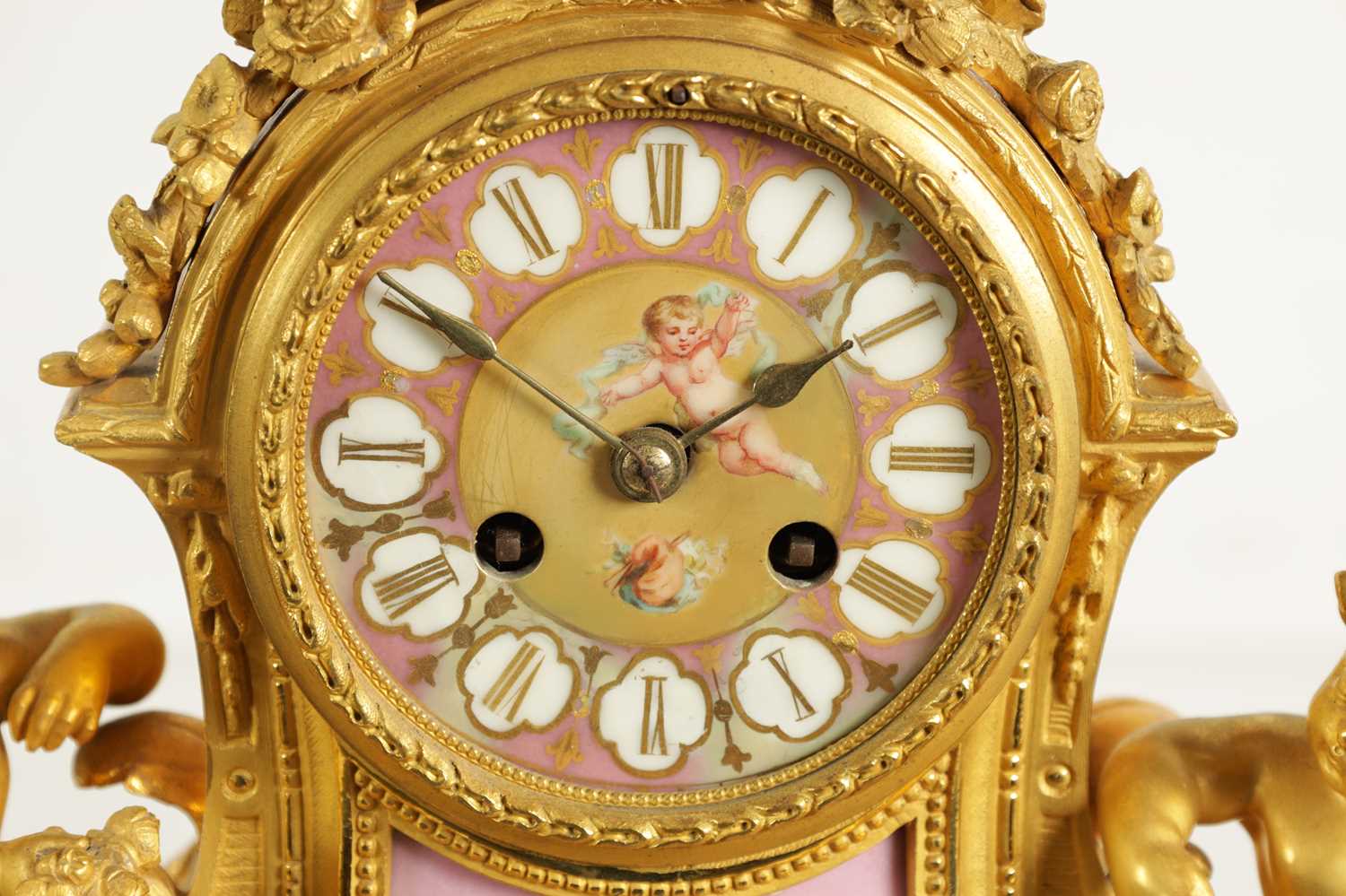 A LATE 19TH CENTURY FRENCH ORMOLU AND PORCELAIN PANELLED FIGURAL MANTEL CLOCK - Image 2 of 12