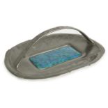 A STYLISH ARTS AND CRAFTS LIBERTY & Co SHAPED RECTANGULAR PEWTER DISH WITH RAISED HANDLE