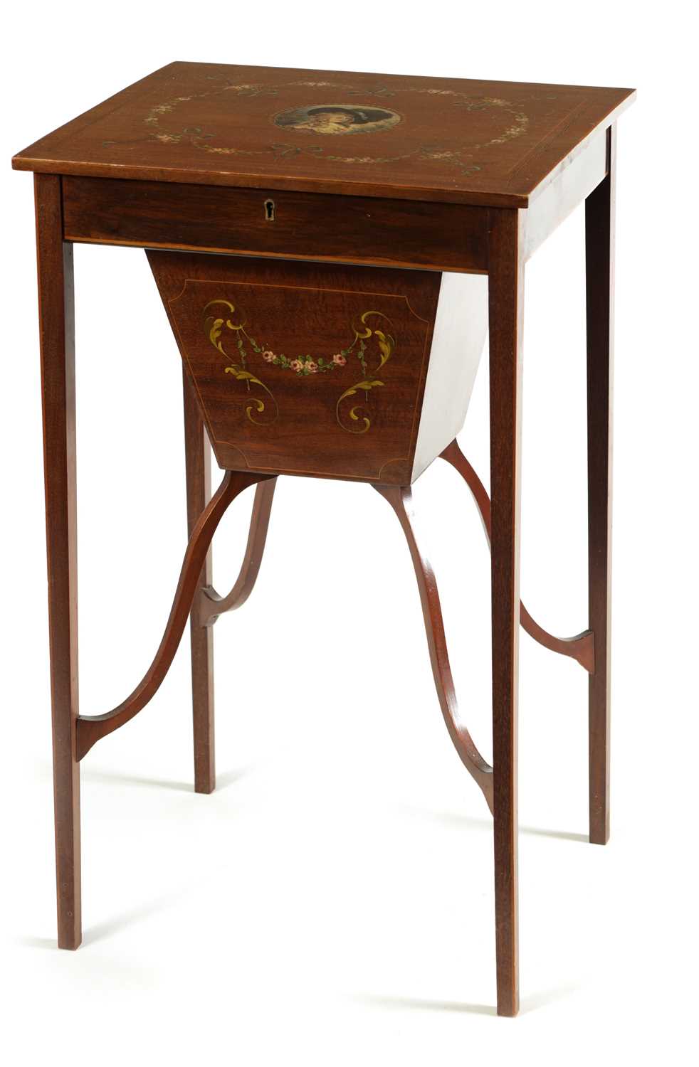 A 19TH CENTURY PAINTED MAHOGANY SHERATON STYLE WORK TABLE