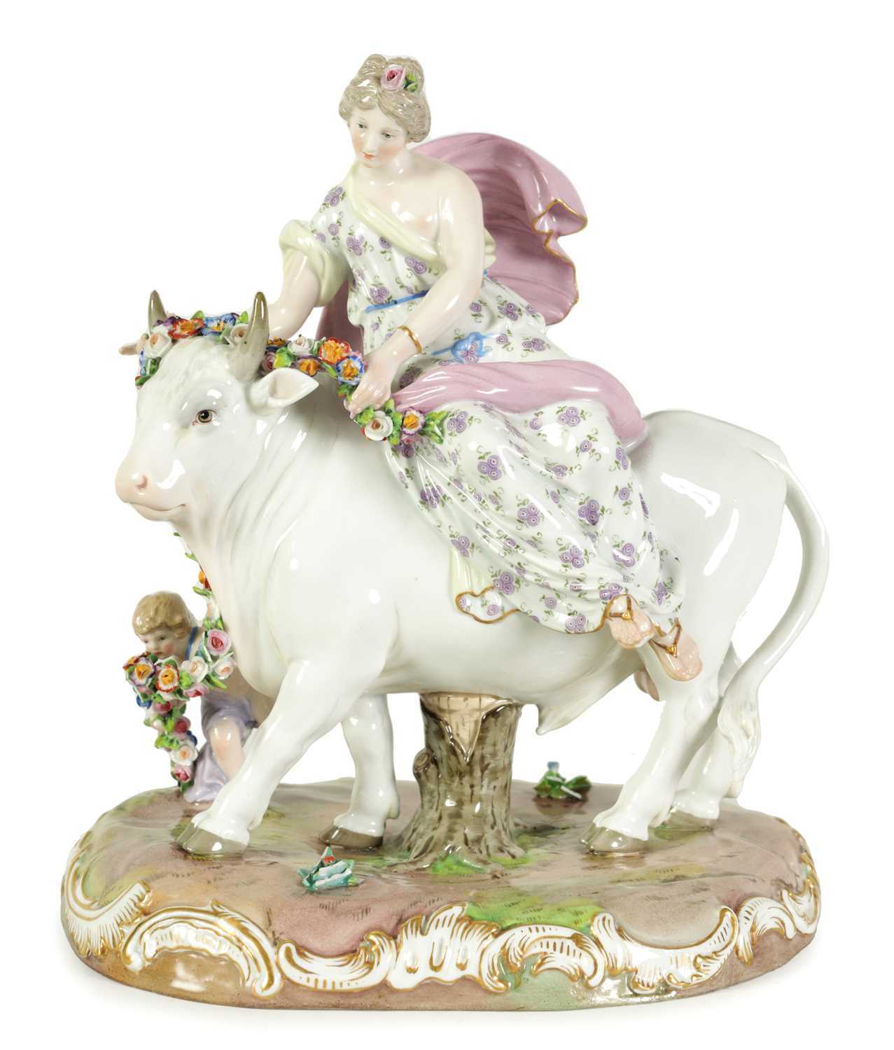 A 19TH CENTURY MEISSEN LARGE FIGURE GROUP OF A BULL WITH A SEATED LADY RIDER