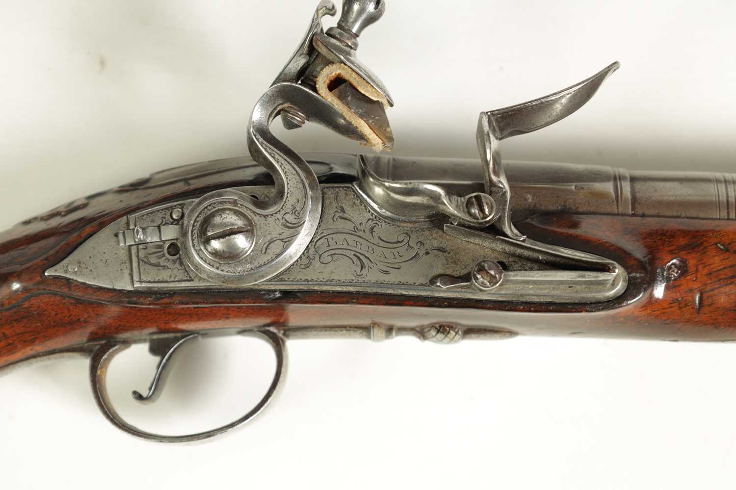 A PAIR OF 18TH CENTURY SILVER-MOUNTED ENGLISH FLINTLOCK PISTOLS BY BARBAR, LONDON. - Image 3 of 17