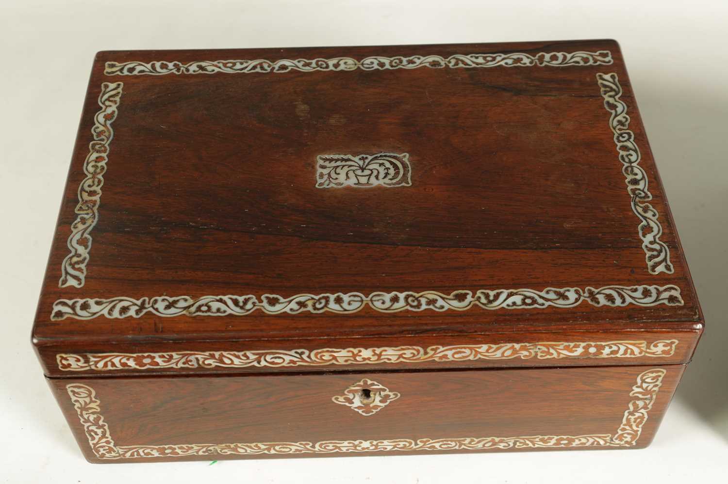 TWO MID 19TH CENTURY ROSEWOOD AND MOTHER-OF-PEARL INLAID WRITING BOXES - Image 3 of 14