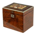 A 19TH CENTURY PEWTER BANDED AND PIETRA DURA PANELLED ROSEWOOD TEA CADDY