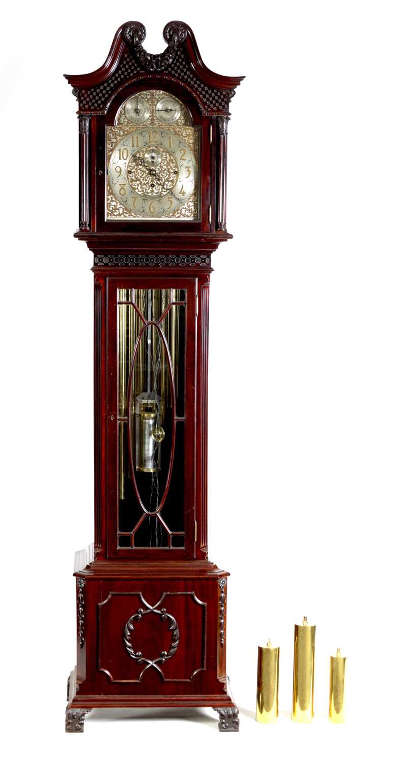 RUSSELLS LTD. MANCHESTER. A GOOD QUALITY EDWARDIAN TUBE CHIMING MAHOGANY LONGCASE CLOCK