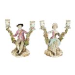 A PAIR OF MID/LATE 19TH CENTURY MEISSEN FIGURAL TWO-BRANCH CANDELABRA