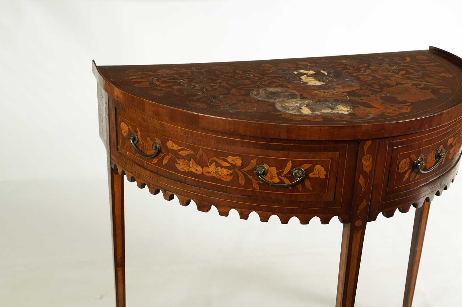 AN 18TH CENTURY BOW-FRONT DUTCH FLORAL MARQUETRY AND WALNUT SIDE TABLE - Image 6 of 10