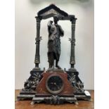 A LATE 19TH CENTURY FRENCH BLACK SLATE AND ROUGE MARBLE BRONZE FIGURAL MANTEL CLOCK