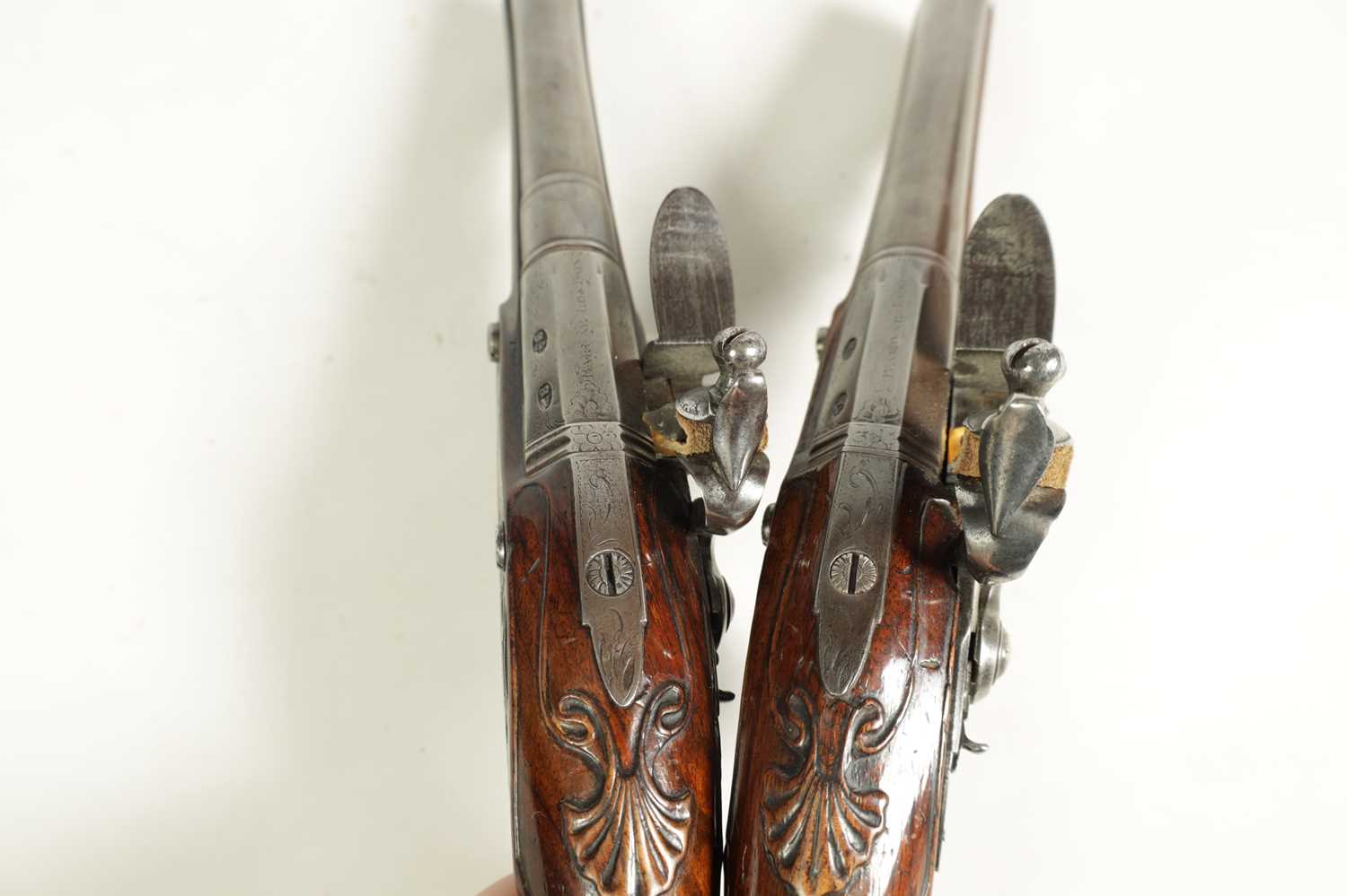 A PAIR OF 18TH CENTURY SILVER-MOUNTED ENGLISH FLINTLOCK PISTOLS BY BARBAR, LONDON. - Image 5 of 17