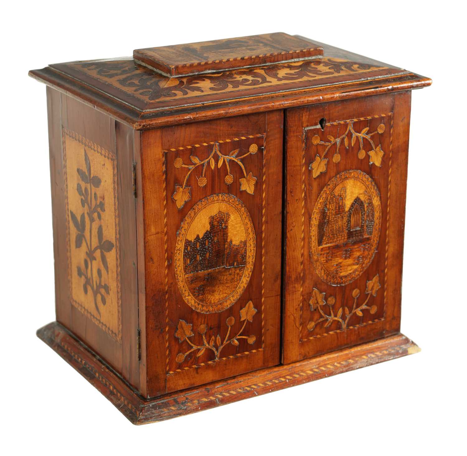 A GOOD 19TH CENTURY KILLARNEY WARE YEW WOOD SEWING CABINET