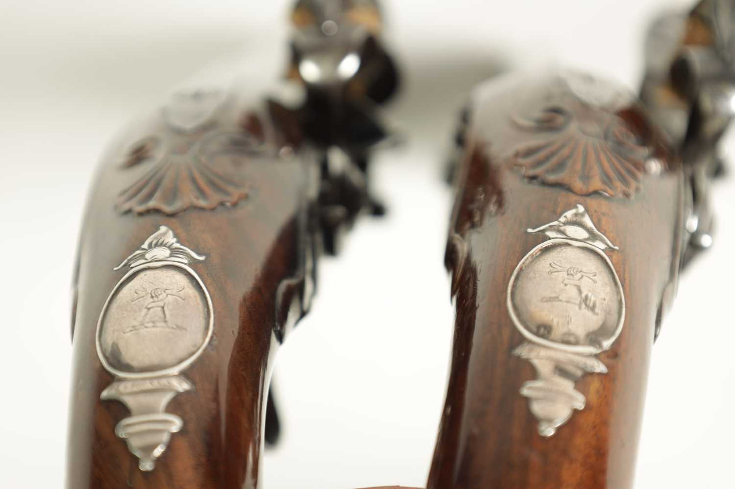 A PAIR OF 18TH CENTURY SILVER-MOUNTED ENGLISH FLINTLOCK PISTOLS BY BARBAR, LONDON. - Image 14 of 17