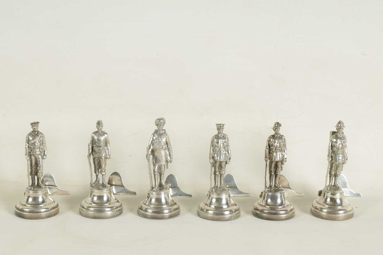 A LARGE AND RARE CASED COMPLETE SET OF SIX SILVER 'SOLDIERS OF THE EMPIRE' FIGURAL MENU HOLDERS - Image 5 of 12