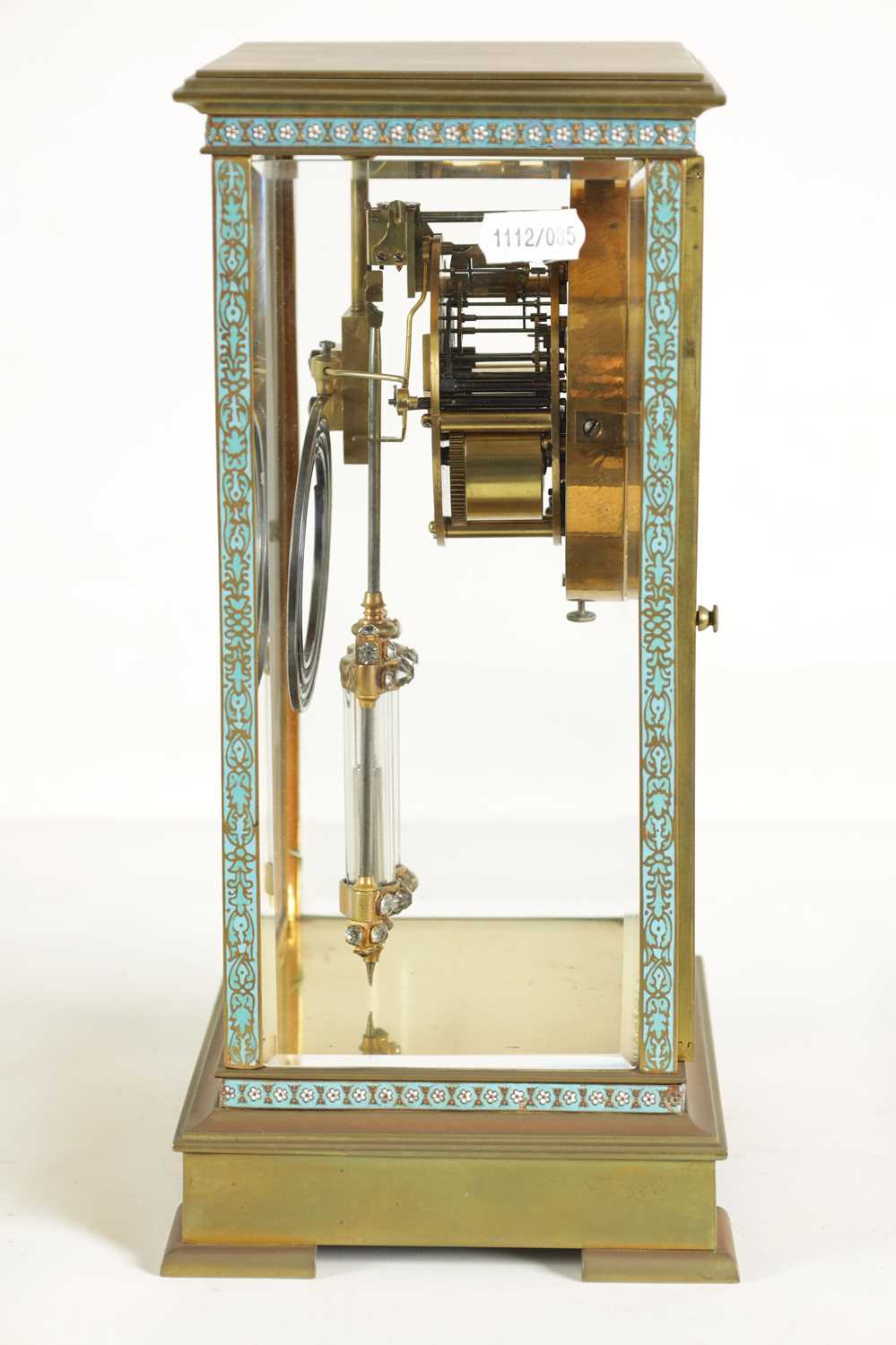 A LATE 19TH CENTURY FRENCH BRASS AND CHAMPLEVE ENAMEL FOUR-GLASS MANTEL CLOCK - Image 7 of 10