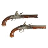 A PAIR OF 18TH CENTURY SILVER-MOUNTED ENGLISH FLINTLOCK PISTOLS BY BARBAR, LONDON.