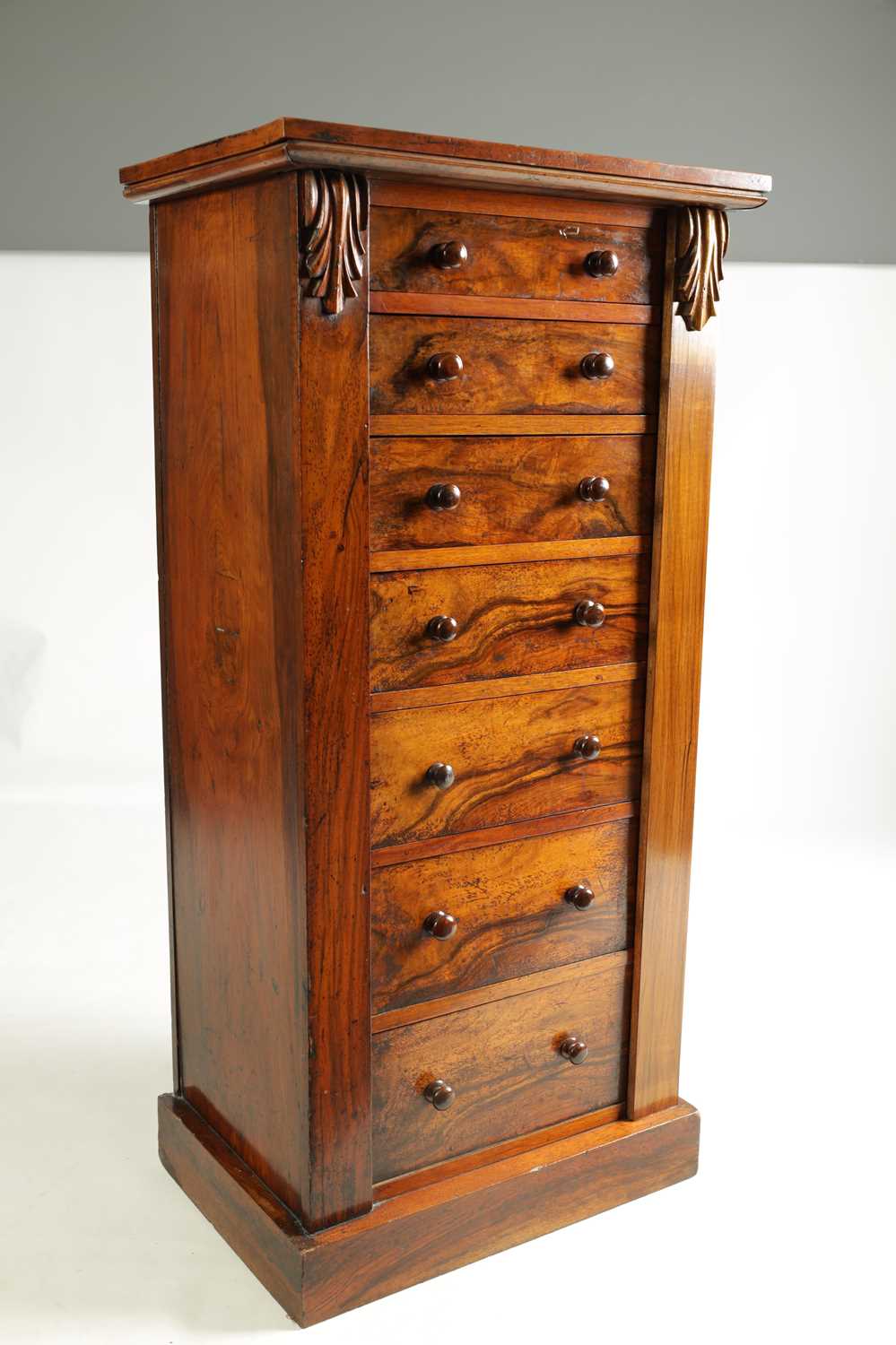 A 19TH CENTURY FIGURED WALNUT WELLINGTON CHEST - Image 8 of 10