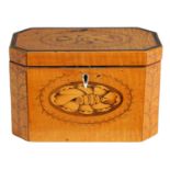 A GEORGE III SATINWOOD CLIPPED RECTANGULAR TEA CADDY