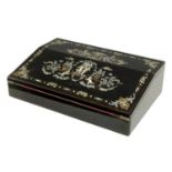 A GOOD EARLY VICTORIAN EBONISED, BRASS AND MOTHER-OF-PEARL INLAID SLOPE FRONT WRITING BOX