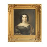 AN EARLY 19TH CENTURY OIL ON CANVAS - HALF LENGTH PORTRAIT OF A YOUNG LADY