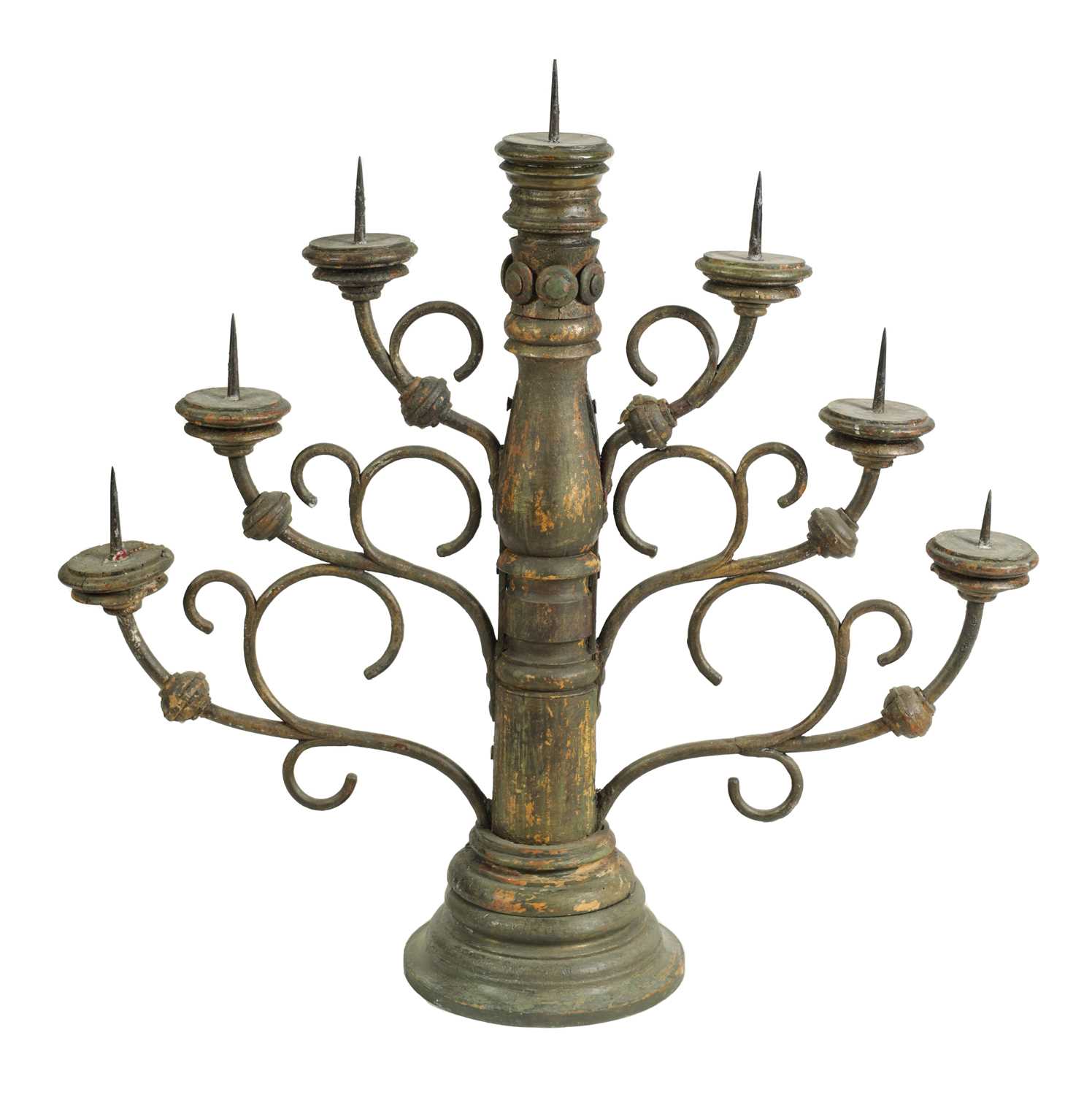 AN IMPRESSIVE 19TH CENTURY SCANDINAVIAN PAINTED PINE AND IRONWORK CANDELABRA