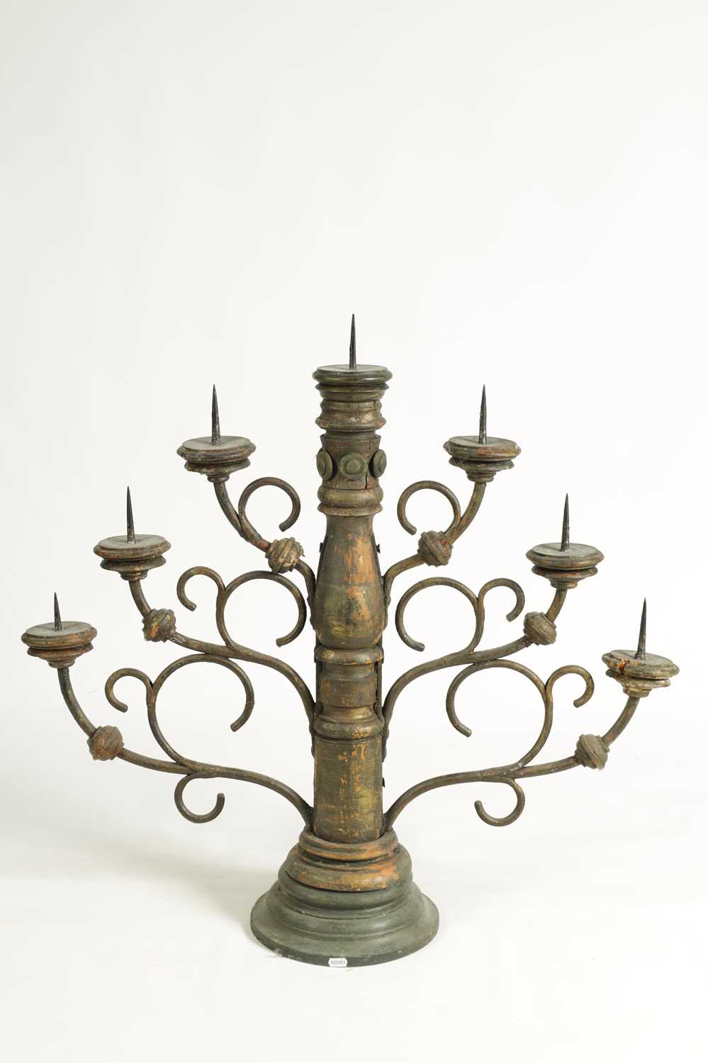 AN IMPRESSIVE 19TH CENTURY SCANDINAVIAN PAINTED PINE AND IRONWORK CANDELABRA - Image 5 of 9