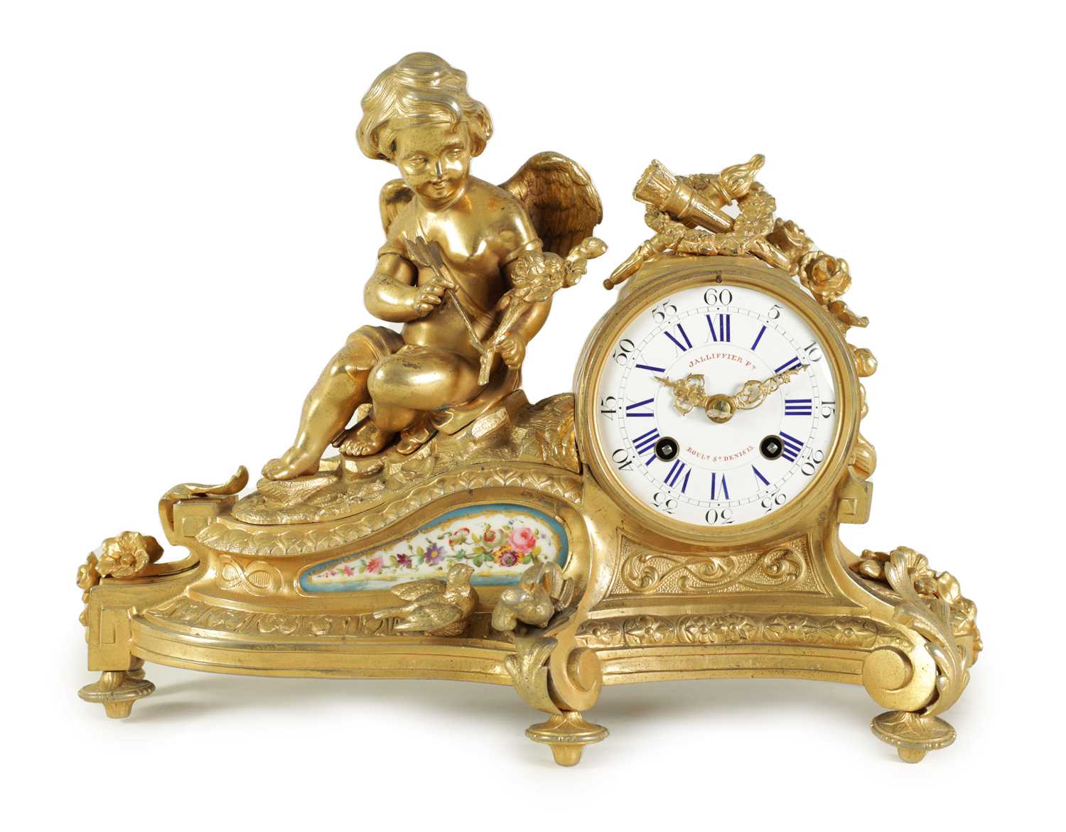 A LATE 19TH CENTURY FRENCH GILT METAL AND PORCELAIN FIGURAL MANTEL CLOCK