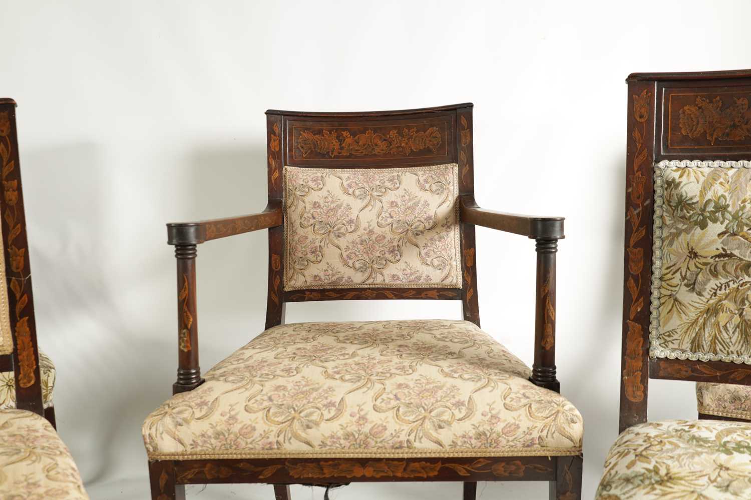 A SET OF FIVE GEORGE III DUTCH MARQUETRY INLAID MAHOGANY DINING CHAIRS - Image 4 of 12