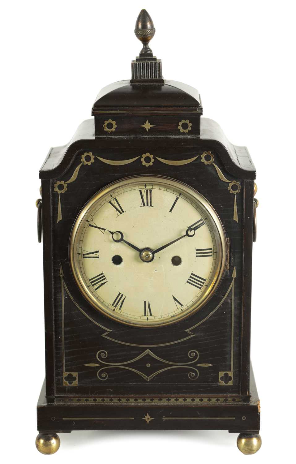 A SMALL REGENCY BRASS INLAID EBONISED DOUBLE FUSEE MANTEL CLOCK