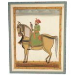 A 19TH CENTURY INDIAN WARECOLOUR AND INK PAINTING ON SILK OF GURU GOBIND SINGH ON HORSE BACK