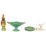 FIVE 19TH CENTURY WEDGWOOD GREEN LEAF MOULDED PLATES, A SIMALR LARGE TWO HANDLED FOOTED TAZZA, A ST