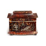 A 19TH CENTURY BOW-FRONTED TORTOISESHELL, IVORY AND MOTHER OF PEARL INLAID TEA CADDY