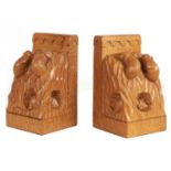 AN UNUSUAL PAIR OF ROBERT ‘MOUSEMAN’ THOMPSON TRIPLE MICE ADZED OAK BOOK ENDS