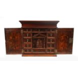 A 17TH CENTURY CONTINENTAL FRUITWOOD AND PENWORK TABLE CABINET - PROBABLY ITALIAN