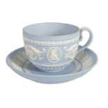 A LATE 18TH CENTURY WEDGWOOD JASPERWARE CUP AND SAUCER