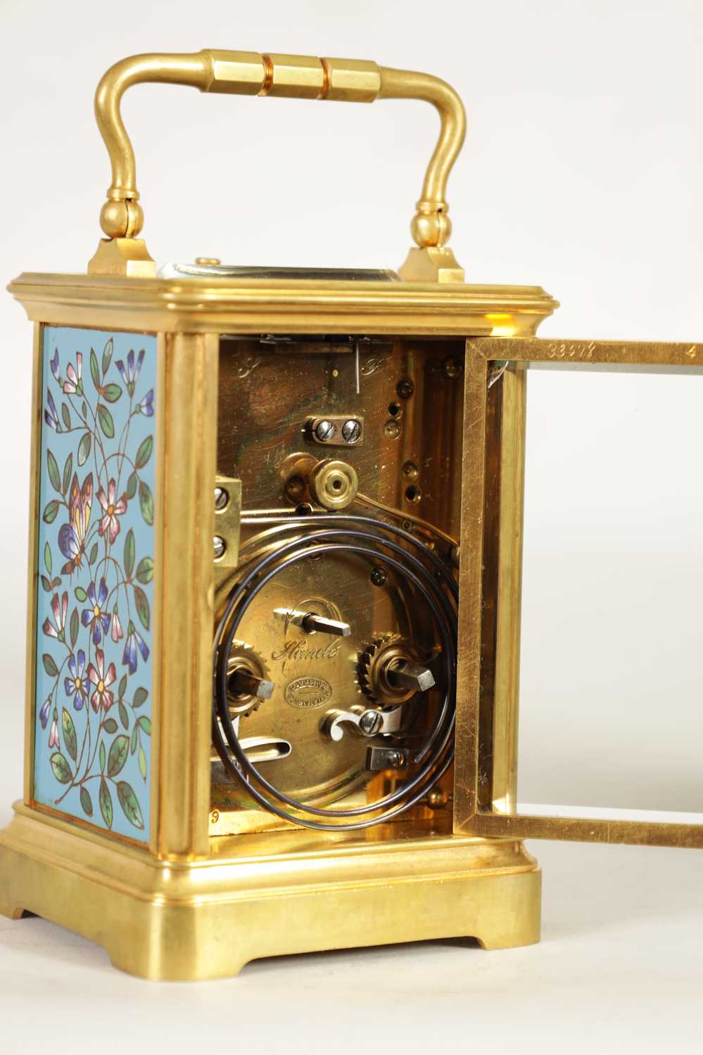 A LATE 19TH CENTURY FRENCH GILT BRASS AND CLOISONNE ENAMEL REPEATING CARRIGE CLOCK - Image 5 of 9