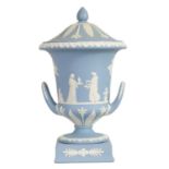 A WEDGWOOD JASPERWARE CAMPANA SHAPED VASE AND COVER