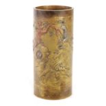 A JAPANESE CYLINDRICAL MEIJI PERIOD BRONZE AND MIXED METAL INLAID VASE