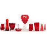 A GROUP OF VENETIAN RUBY AND CLEAR GLASS VASES AND A SWIMMING SWAN DISH