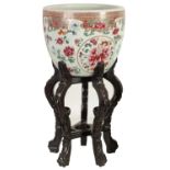 A GOOD 19TH CENTURY CHINESE FAMILLE ROSE JARDINIERE ON CARVED HARDWOOD STAND