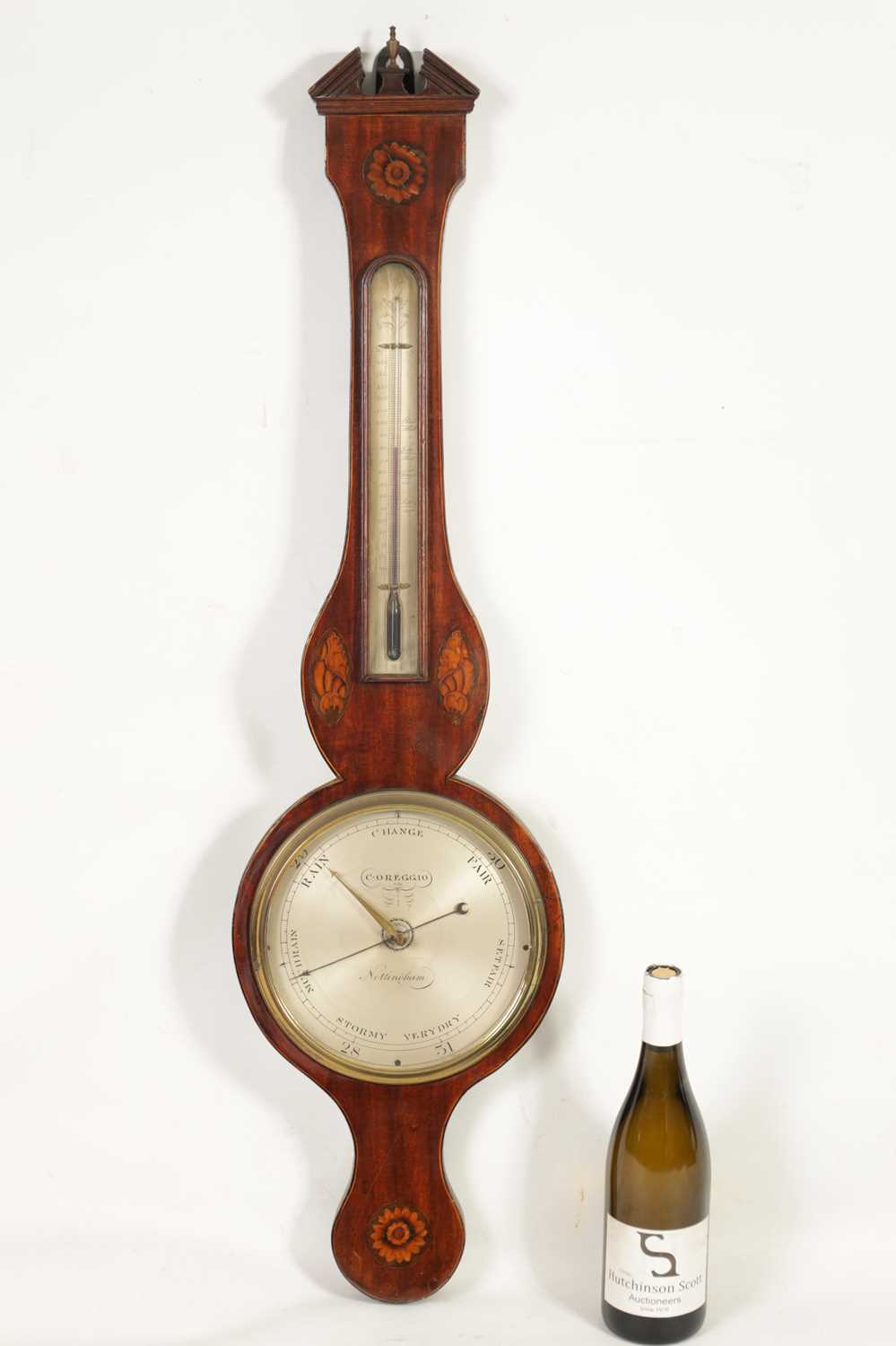 C. OREGGIO, NOTTINGHAM. A GEORGE III SHELL INLAID WHEEL BAROMETER - Image 2 of 6