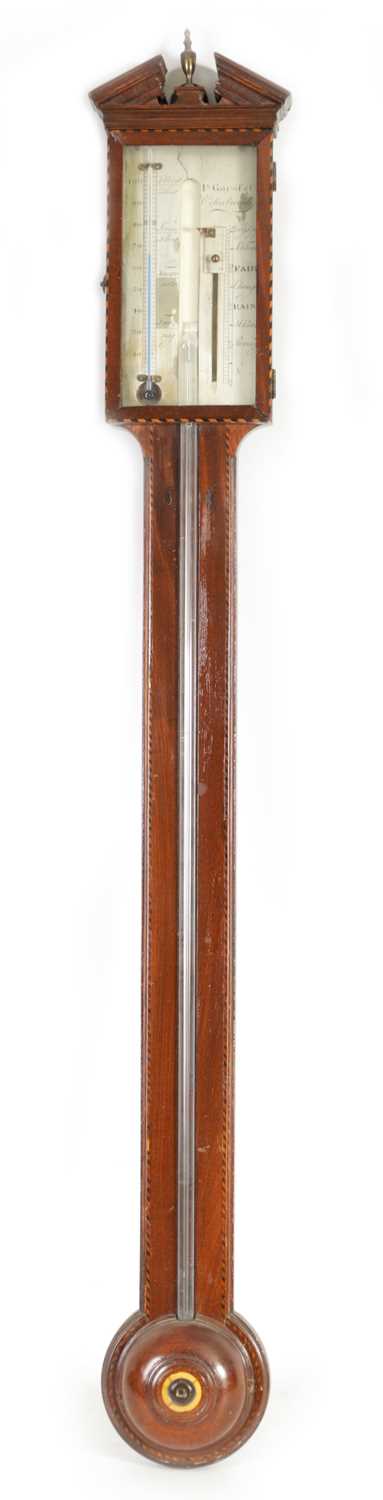 P. GAROF & CO, EDINBURGH. A GEORGE III STRING INLAID AND MAHOGANY DOOR STICK BAROMETER