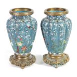 A GOOD PAIR OF 19TH CENTURY JAPANESE CLOISONNÉ ORMOLU MOUNTED LAMP BASES