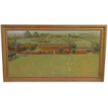 FRED DUBERY (1926-2011). A 20TH CENTURY OIL ON CANVAS DEPICTING A CRICKETING LANDSCAPE