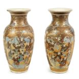 A PAIR OF JAPANESE MEIJI PERIOD SATSUMA SHOULDERED TAPERING VASES